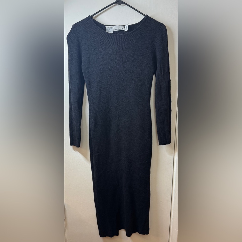 Vintage Anne Klein II Wool Blend Black Knit Midi Sweater Dress Size XS